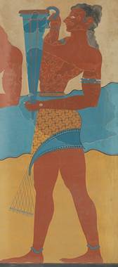 Reproduction of the "Cupbearer" fresco By Emile Gilliéron père, 1908 Period: Late Minoan II-IIIA Date: ca. 1450-1300 B.C. Culture: Minoan The "Cupbearer" fresco was the first portrayal of an ancient Cretan to be discovered during Evans's excavations at Knossos. The original is in the Archaeological Museum of Herakleion, Crete.: 